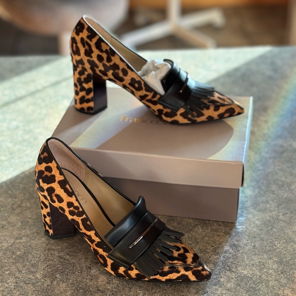 Franco Sarto Leopard and Black Fringe Heels